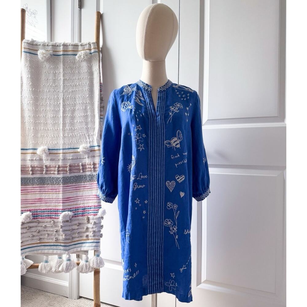 Johnny Was Sovanna Blue Embroidered Linen Bishop Sleeves Tunic Dress Size Small